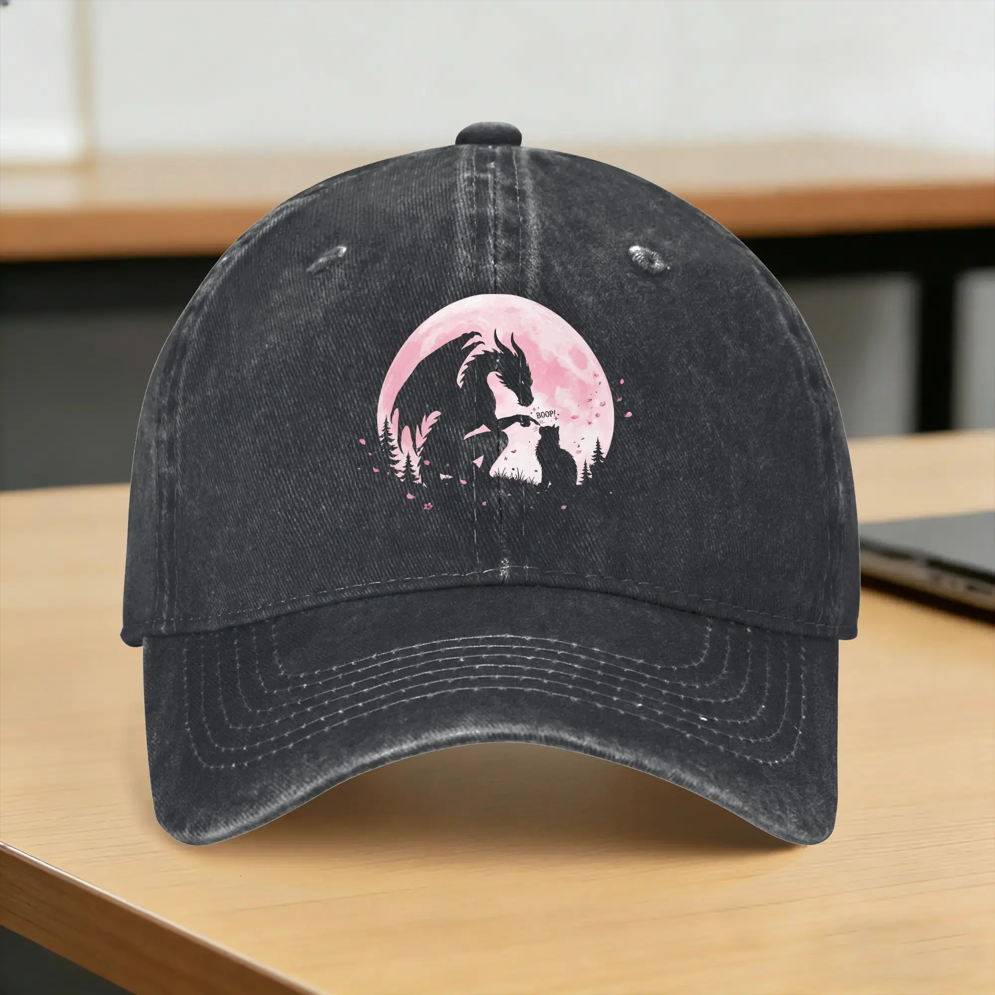 Dragon Boop Cat Under Full Moon Funny Cute Fantasy Night Sun Baseball Cap Female Male Print Trucker Hat Sun-Proof Baseball Caps