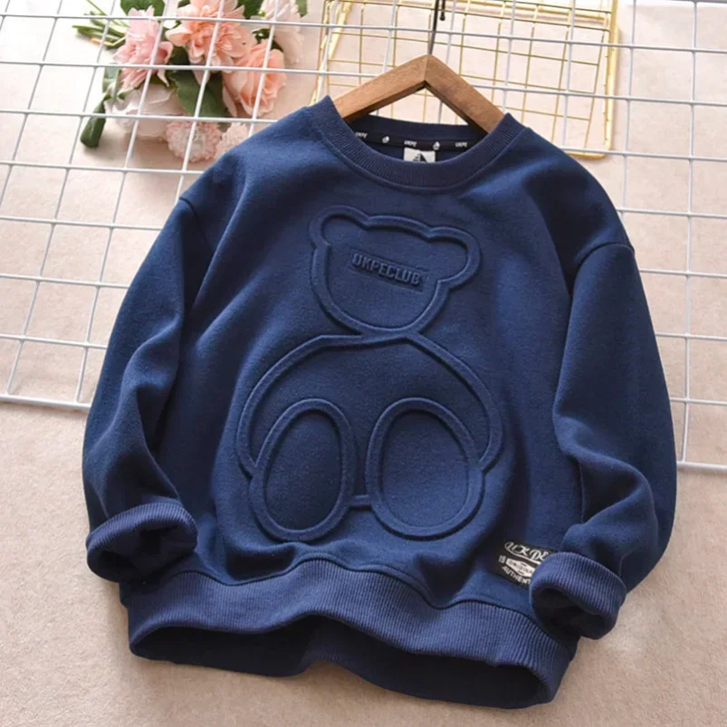 Autumn Winter Girls Cotton Tops Hoodie New Kids Steel Print Bear Sweatshirt Boys Clothes Teenagers Long Sleeve Pullovers