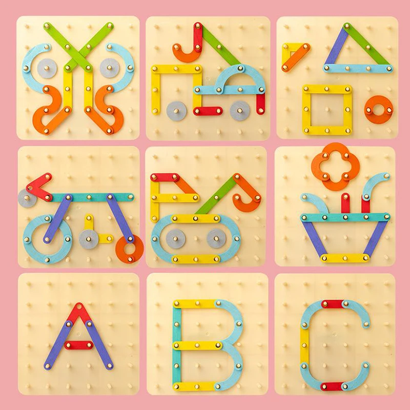 مجموعة أعمدة هندسية خشبية إبداعية من Pegboard لغز البناء لعبة مونتيسوري الحسية للأطفال