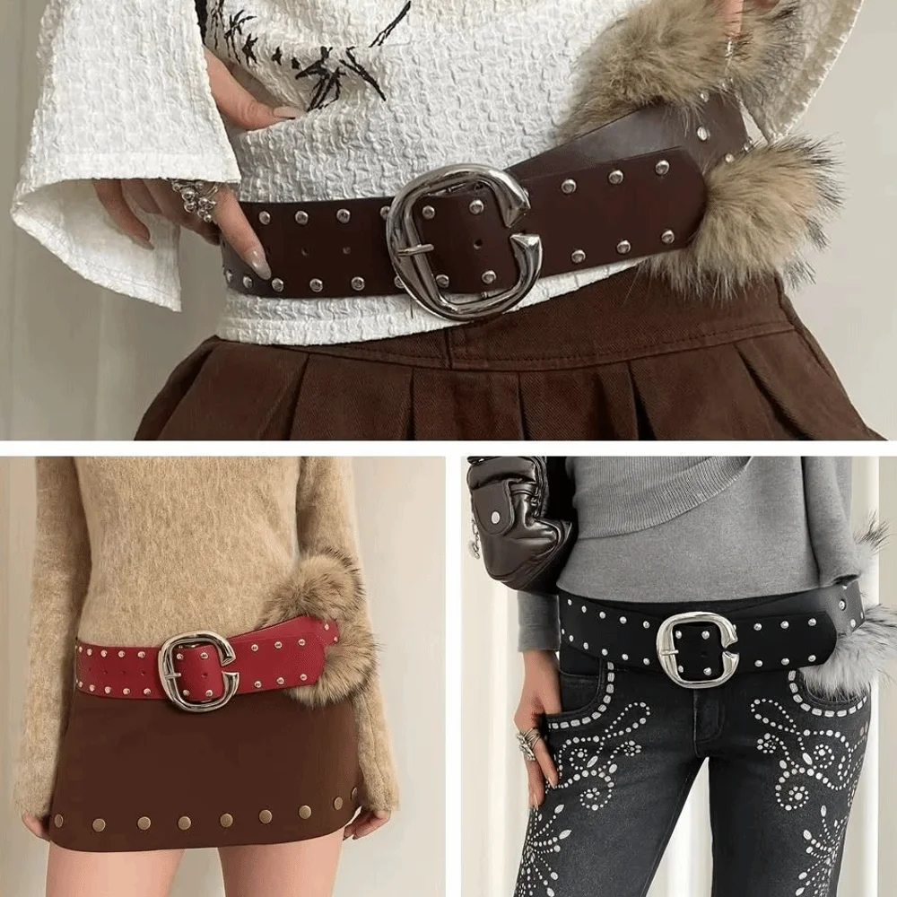 

Модный женский широкий ремень с заклепками, кожаный ремень в стиле панк, лоскутный ремень из искусственного меха Y2K, поясная юбка