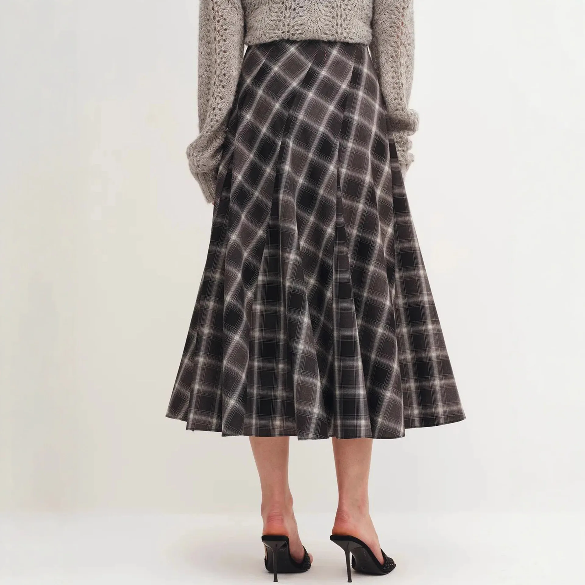 Outono inverno nova lã xadrez estilo retro saia longa feminina 2025 cintura cinching emagrecimento a linha grande balanço metade do corpo saias