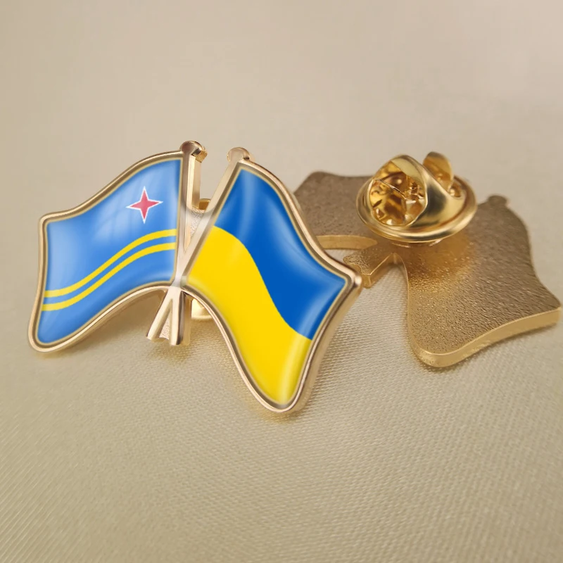 Aruba and Ukraine Crossed Double Friendship Flags Lapel Pins Brooch Badges