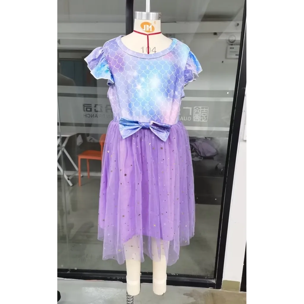 Sukienka dla dzieci Dziewczynka Ubrania z krótkim rękawem 3 4 5 6 7Y Letnia moda Casual Cute Mermaid Beaches Party Fioletowe sukienki z siateczki dla dziewczynek — zdjęcie 4