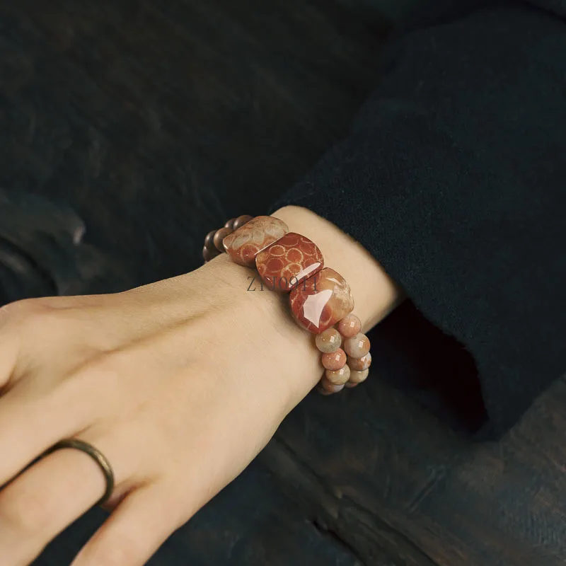 H Personalisierter Ethno-Stil Sandelholz Korallenstein Handreihe Schmuck Herren handgemachtes Design Doppelschicht-Armband Damen