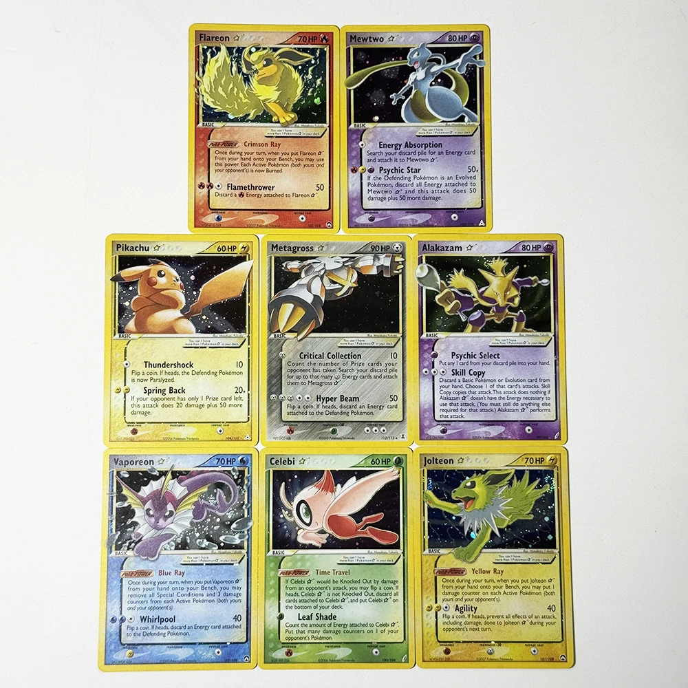 Pokémon English PTCG Old Starry Sky Flash Gold Game Foil Cards Vaporeon Pikachu Alakazam Jolteon Mewtwo Flareon Metagross Celebi