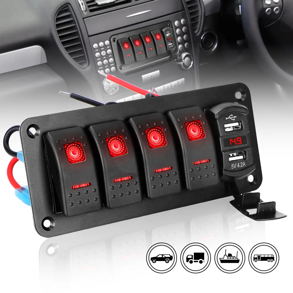 4 Gang Toggle Rocker Switch Dual USB Port 12V/24V ON/OFF Outlet Combination Digital Voltmeter Waterproof