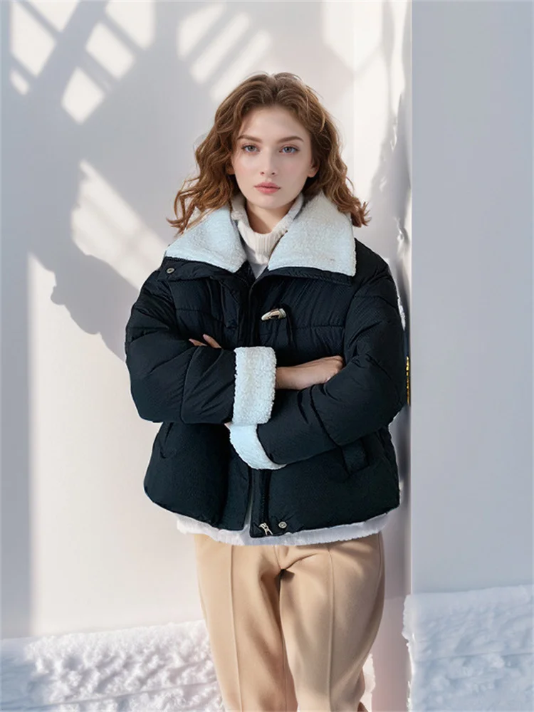 

Short Women's Padded Jacket 2024 Winter New Fashionable And Cute Lamb's Wool Splicing Collar Thickened Warm Casual Jacket