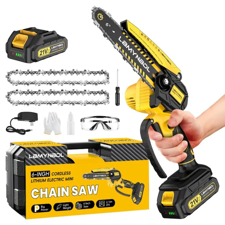 

Беспроводная мини-цепная пила 6 дюймов, беспроводная цепная пила с 2 аккумуляторами по 2000 мАч, ручная электрическая цепная пила с защитным замком, электрическая пила