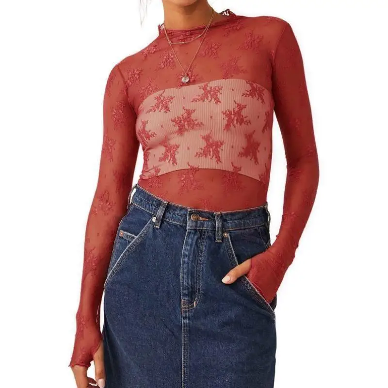 Damska długa bluzka z koronką, imitacja kołnierzyka, skórzana talia z efektem wyszczuplania, dla kobiet w średnim wieku i plus size, z podszewką.