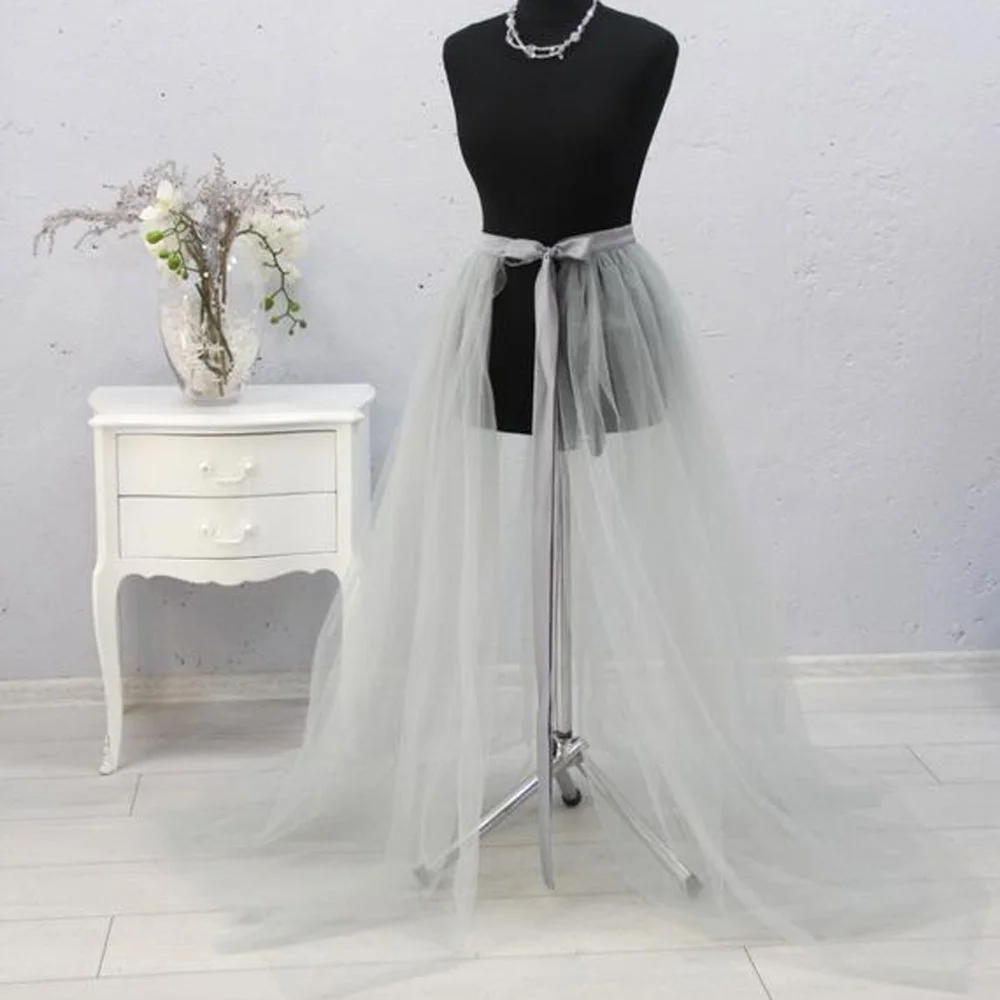 Mingli Tegnda See Thru Over Wrap 3 Layers Tulle Skirts Women With Satin Ribbon Bow Custom Made Long Petticoat Detachable Train