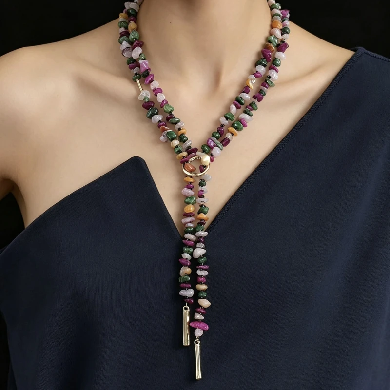 Bohemian Multicolored Irregular Crystal Agate Pebbles Beaded Necklace Light Luxury Vacation Long Necklace That Can Be Stacked