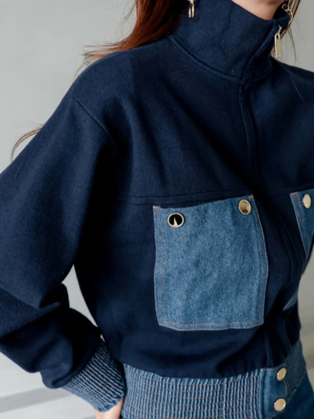

Korean Sle ort Knitted Baseball Jaet Women's Winter Faion Denim Patchwork Outerwear Cact Size Top Zipper Closure