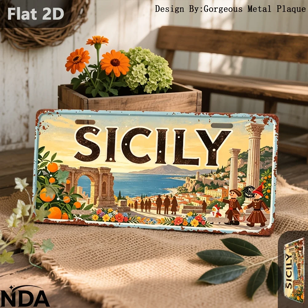 2D Flat - 1pc, Vintage Aluminum Tin Sign, Retro Metal Sign, Sicily Travel Poster, Decorative Sign & Plaque (30.48cm X 14.99cm