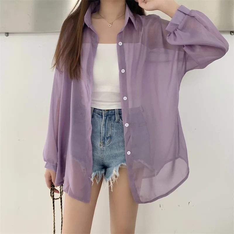 Glossy See Through Shirt for Women Blouse Long Sleeve Lightweight Sheer Organza Tops Ladies Casual Summer Cover Up Outfit