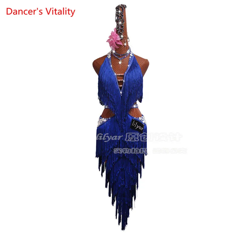 Women Girls Latin Dance Competition Performance Clothing Performance Dance Skirt Encouraged Treasure Blue fringed Skirt