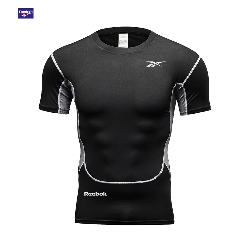 Reebok logo men's running tight-fitting sports shirt-quick-drying football short-sleeved shirt-casual sportswear-excellent breat