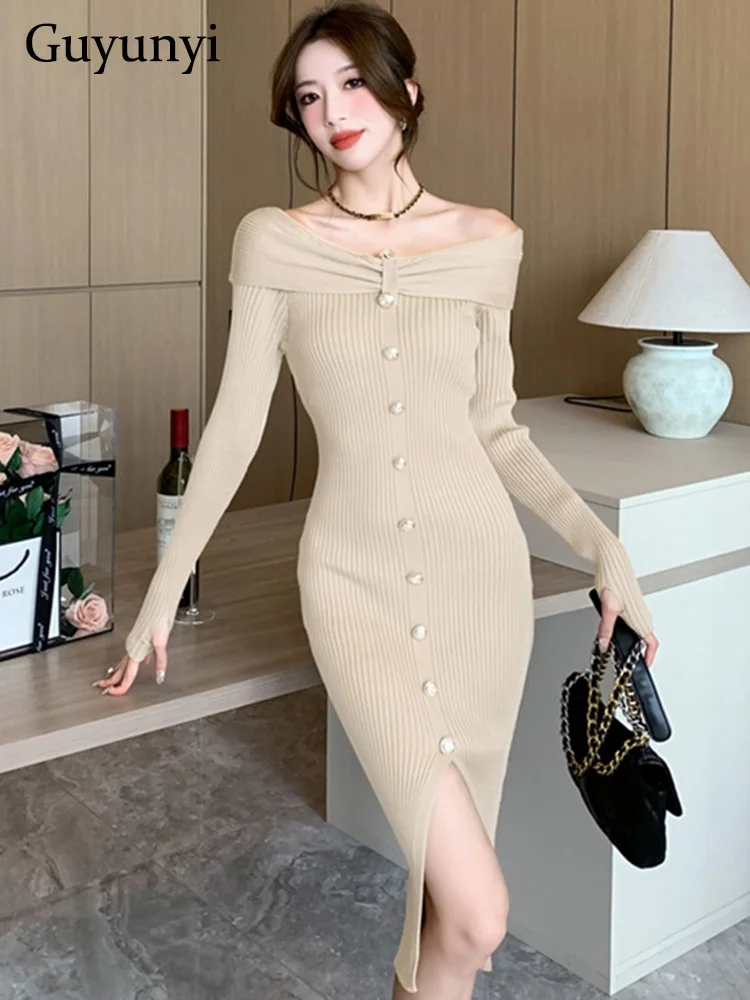 Stretch Knit Dress Pullover One Line Ccollar Single Row Decorative Buckle Shoulder Clip Full Sleeve Sheath Elegant Office Dress