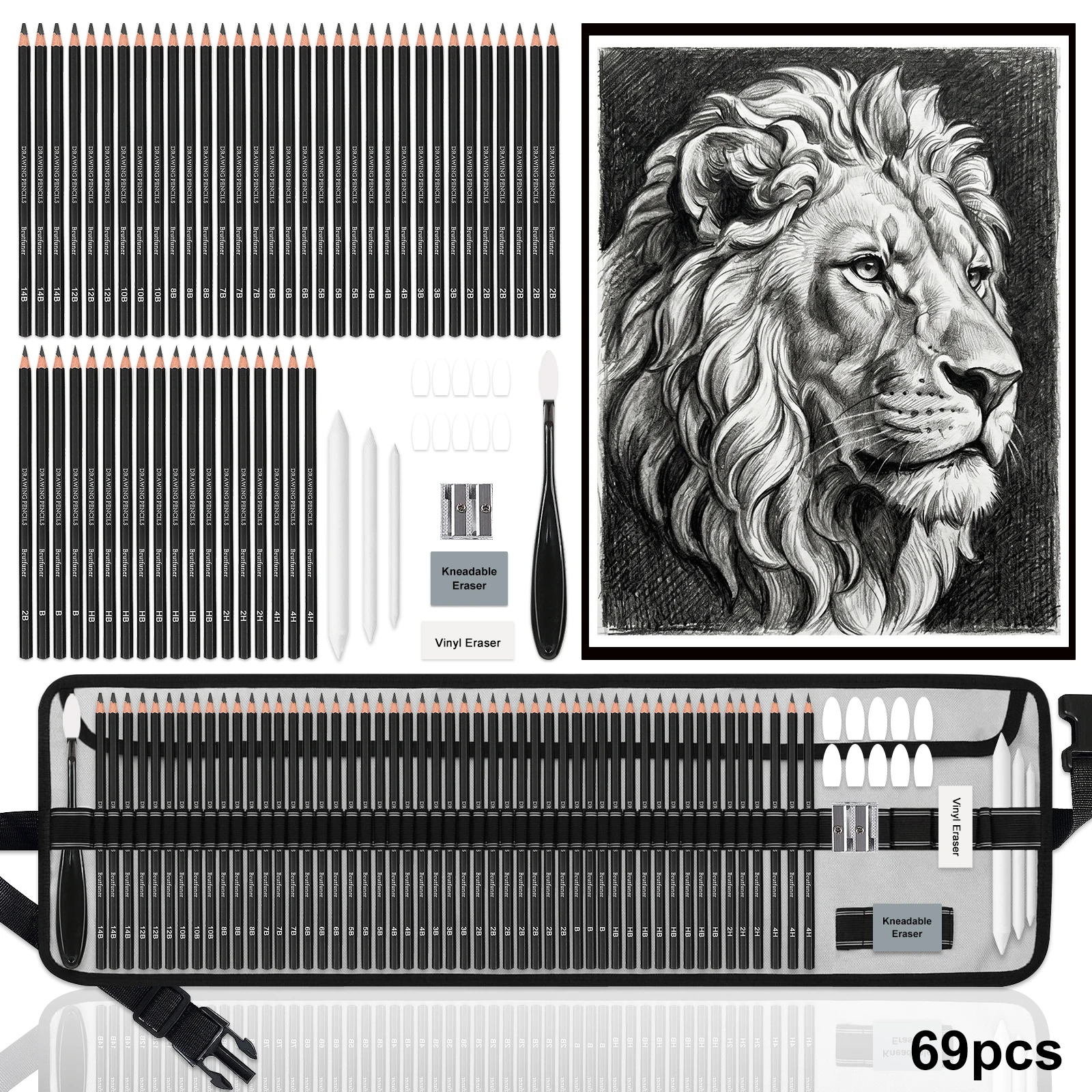 14-69 Drawing Set,Sketching Kit with Graphite Pencil,Blending Tools,Erasers etc.Drawing Kit for Adults Artists in Canvas Roll Up