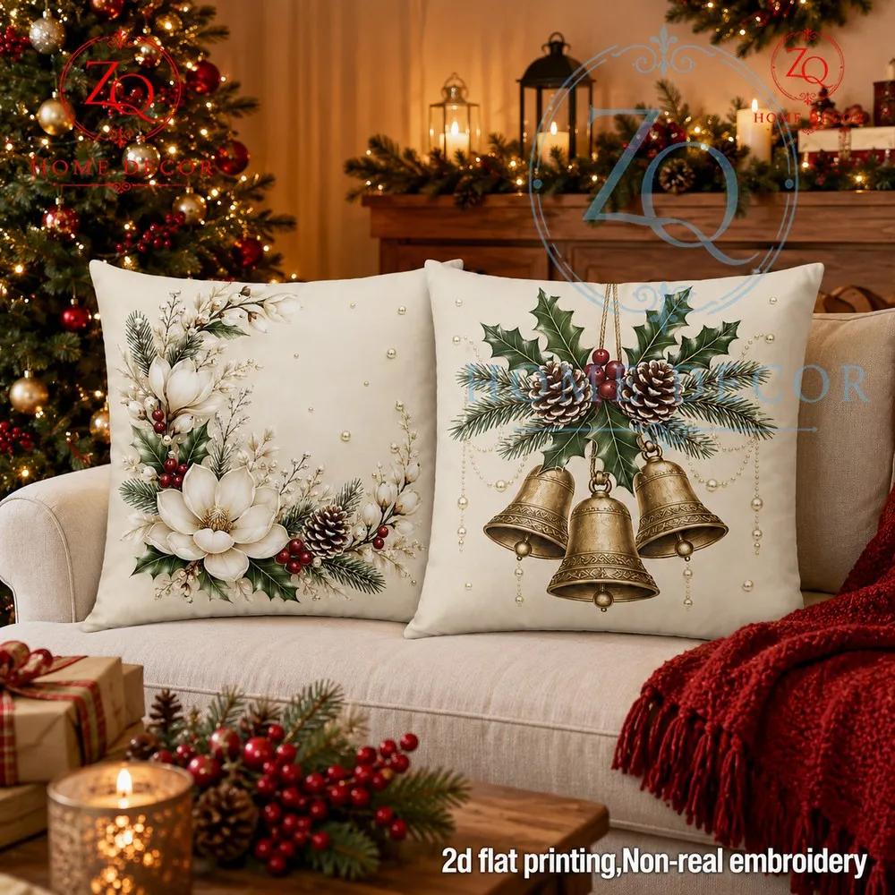 Retro copper bell holly Christmas pillowcase luxurious home decor cushion cover festive decorion