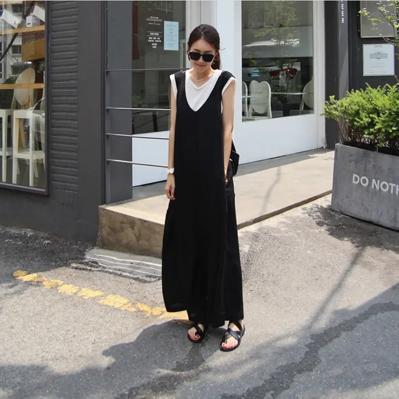 

2024 Summer Loose Casual Sleeveless Women Jumpsuits Korean Simple V-neck Ankle-length Playsuits(Only Pant)