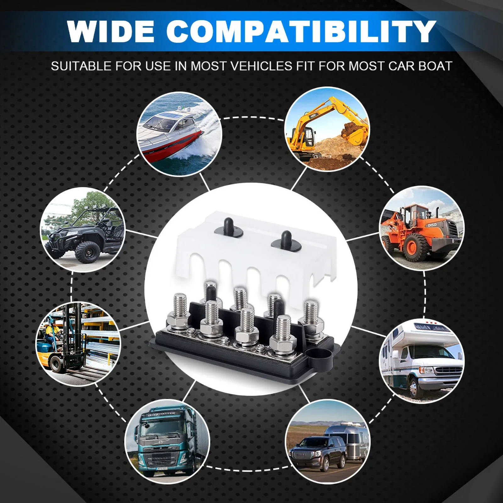 ヘビーデューティーバスバー 8ウェイ DC 12V-48V 250A 正負電源分配ブロックボックス M8 M10 バスバーバッテリーターミナルスタッドボックス