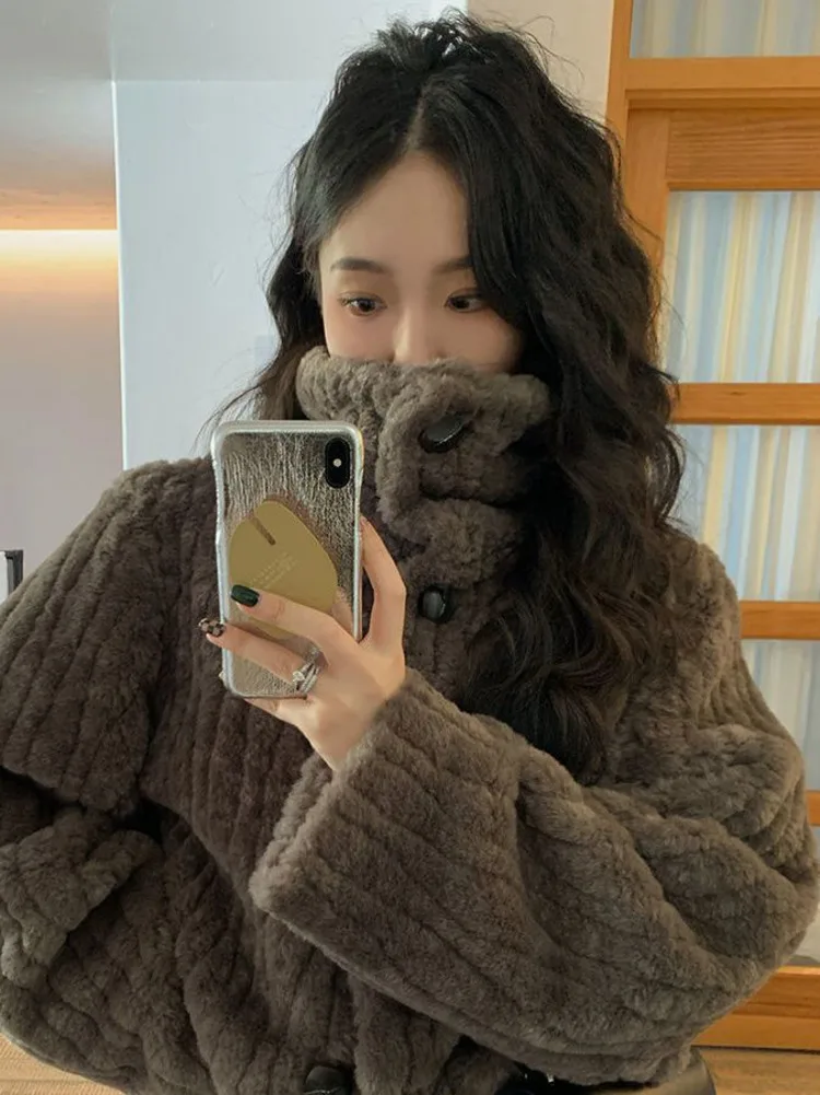 Vintage Faux Fur Cropped Jackets Women Korean Style Fleece Fluffy Short Coats Elegant Thick Warm Outwear Autumn Winter Clothing