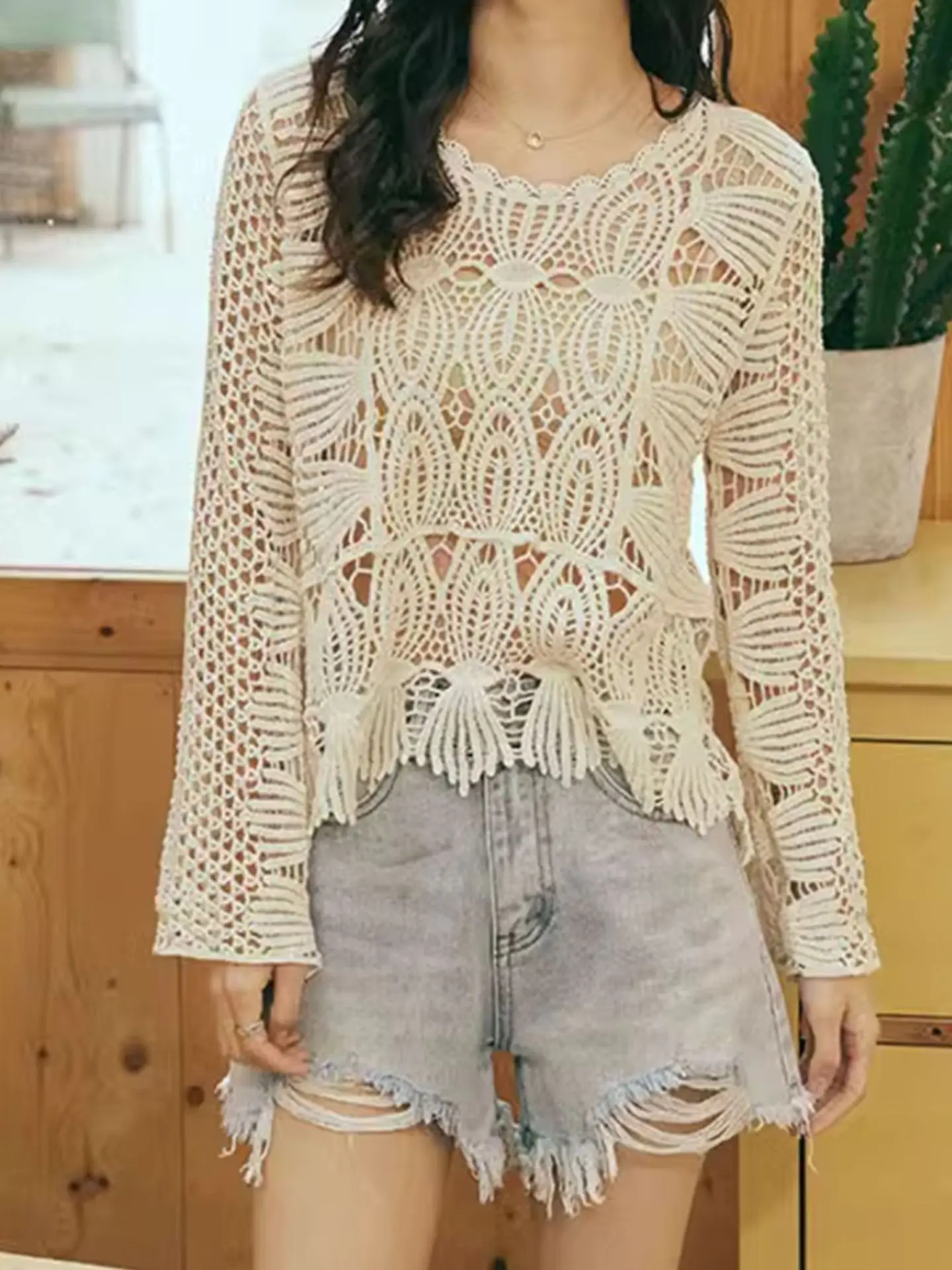 

2025 Autumn Holiday Handmade Crochet Hollow Knit Pullover V-Neck Long Sleeve Tassel Lace Bohemian Beach Cover-up Top
