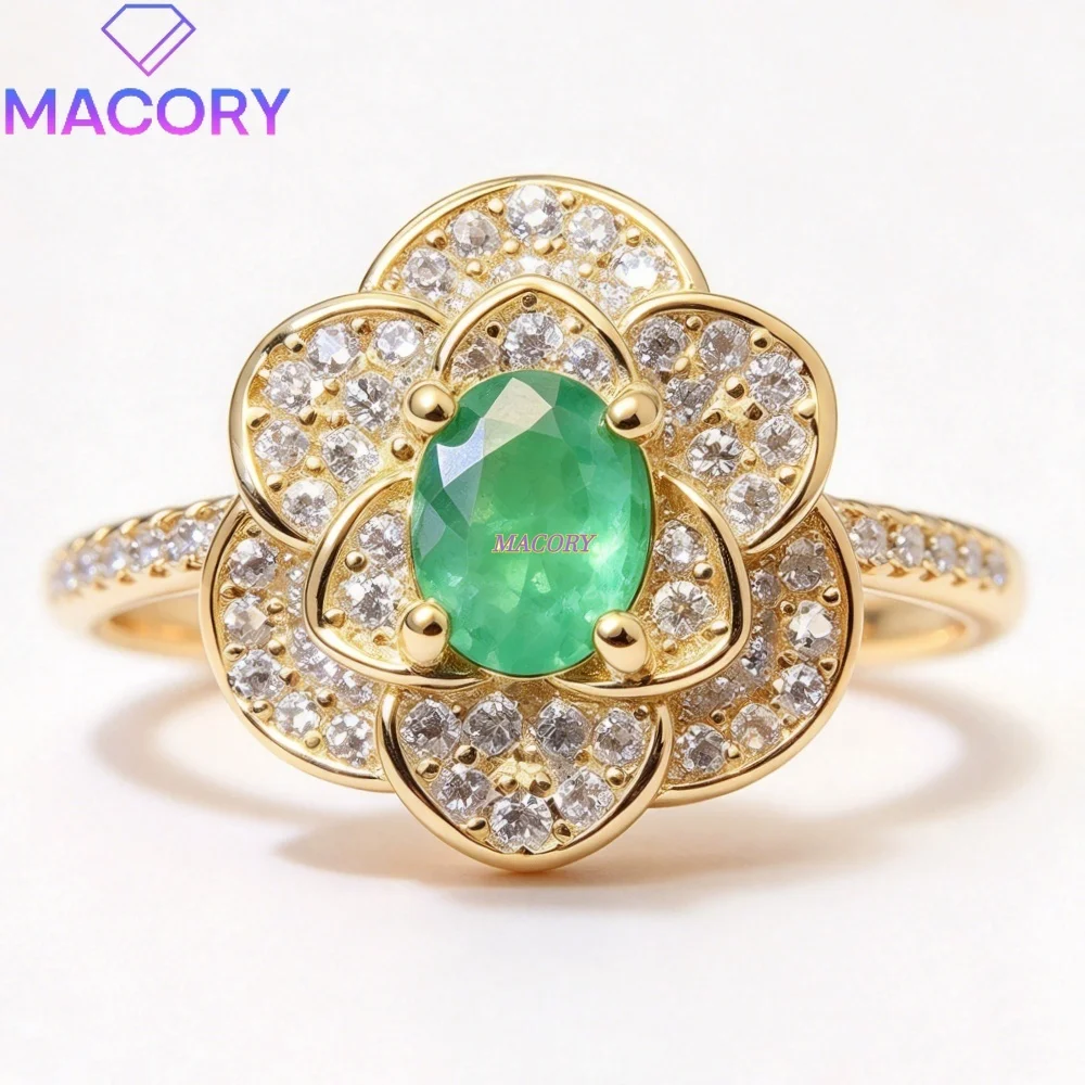Emerald Floral Ring S925 Sterling Silver Flower Design Zircon Surrounded Ring Dainty Wedding Party Jewelry for Ladies