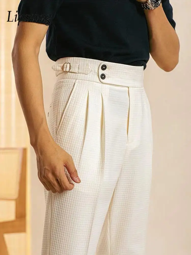 

Роскошные мужские брюки с высокой талией, весна-лето, винтажные плиссированные прямые брюки в клетку, мужские повседневные однотонные узкие брюки