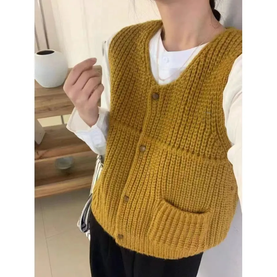 

Retro Open Cardigan round Ne Knitted Vest Women's Spring Autumn Loose Outerwear Trendy Sweater oulder Pad Single Button