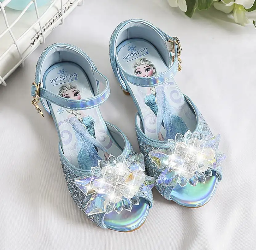 Sandalias Disney para niñas, nuevos zapatos de princesa Elsa, zapatos de verano de Frozen para niños, zapatos informales de cristal con lentejuelas,