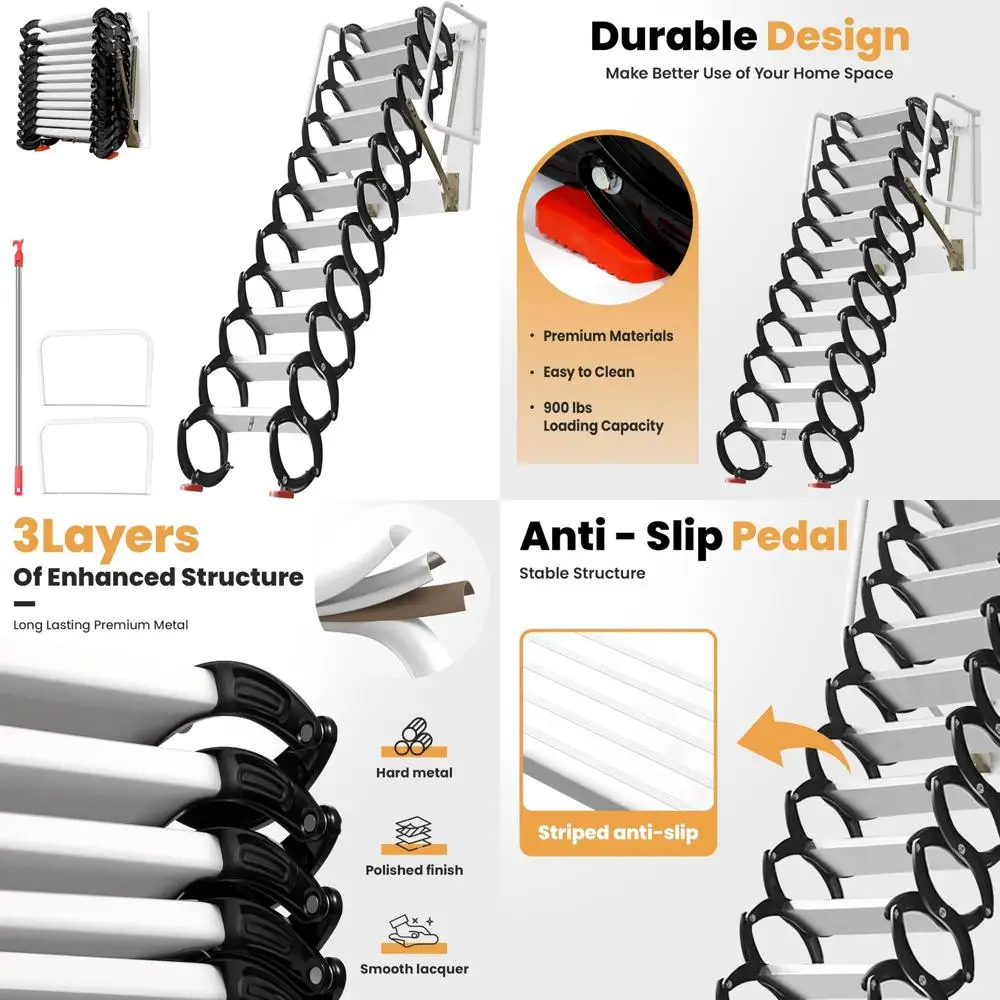 سلم عطري من الألومنيوم والمغنيسيوم قابل للطي بـ 12 خطوة بسعة 900 رطل، نظام سلم قابل للسحب للأسفل مثبت على الحائط