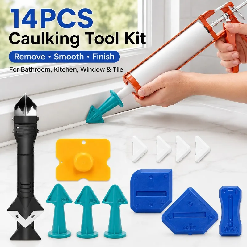 14PCS Grout and Caulk Tool Kit, Multi-Angle Sealant Scraper, Silicone Smoother and Nozzle Finishing Tools