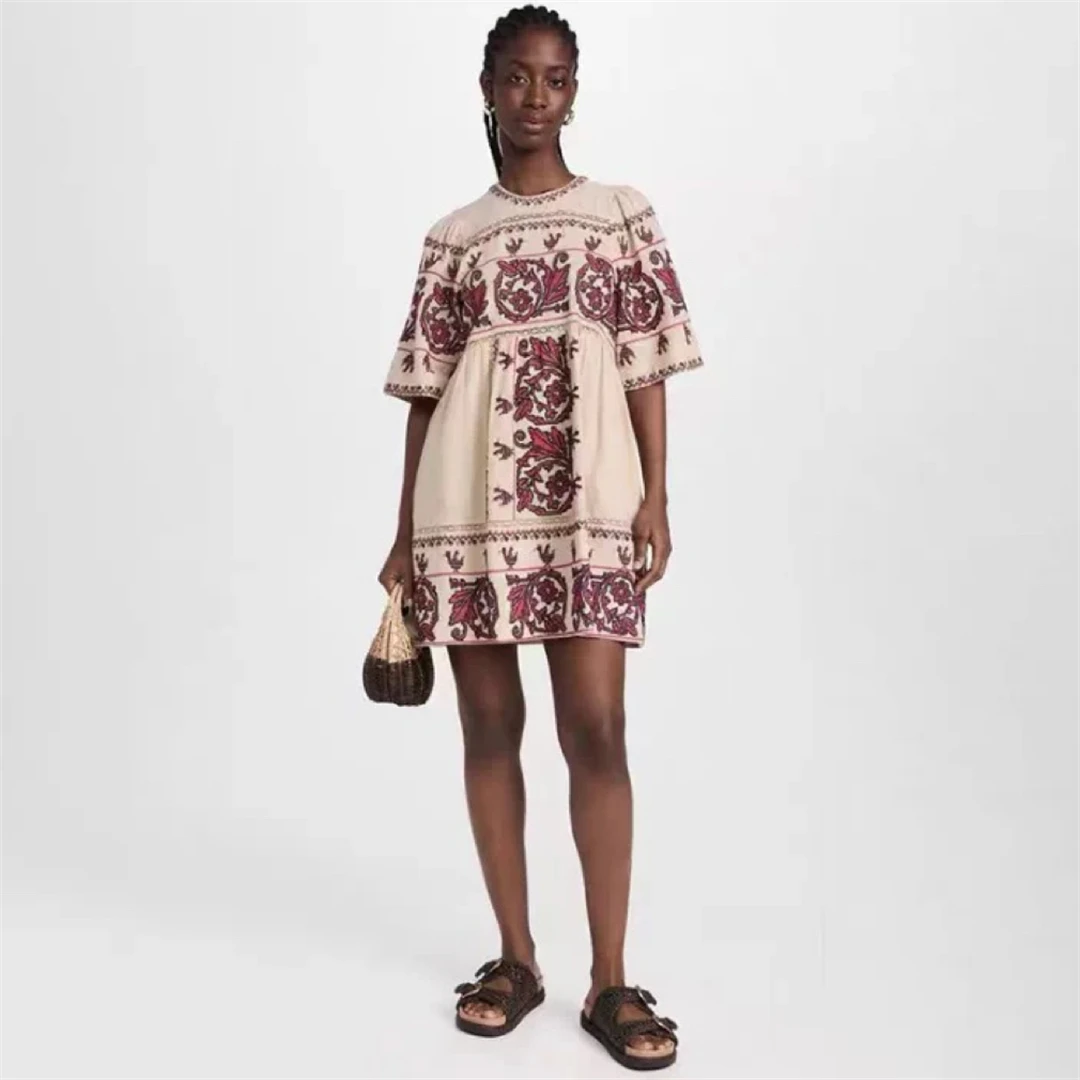 

French Style High Waist Short Skirt Embroidered Doll Dress Puffy Sleeve Breathable Cotton Blend A-Line Dress for Daily Wear