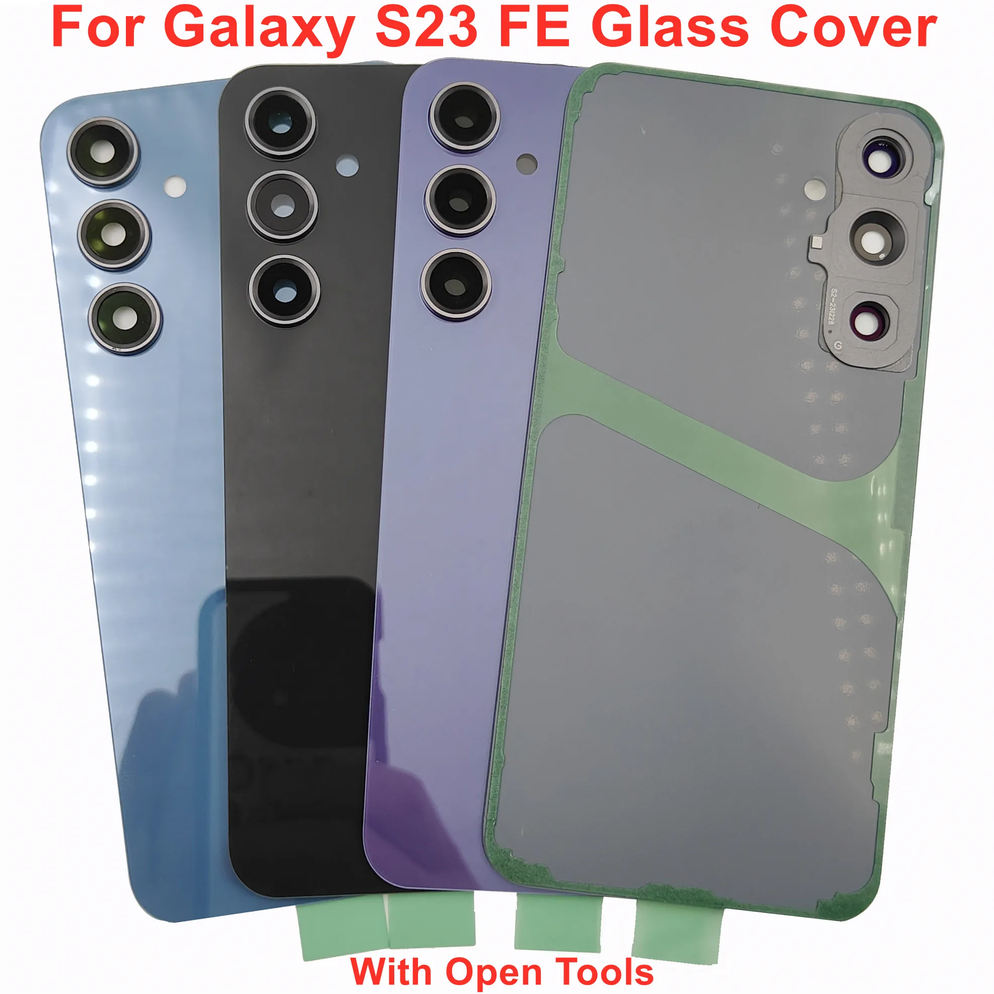 Glass Back Lid Door For Samsung Galaxy S23 FE Hard Battery Cover Rear Housing Shell Case + Camera Lens Adhesive Sticker