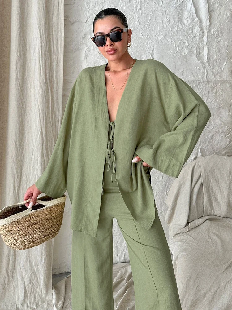 2024 Autumn Fashion Solid Women Outfits Casual Cotton Linen Trousers Suit Lace-Up V-neck Long-sleeve Shirt +Pants 2-piece Sets