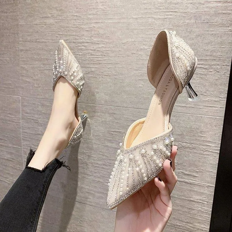 FHANCHU 2022 New Women Pumps,Side Hollow Out High Heels Woman,Fashion Pearls Spring Shoes,Pointed Toe,Black,Beige,Dropship