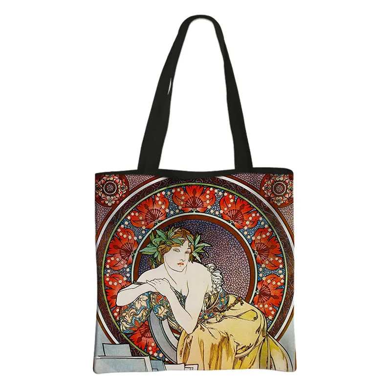 Pittura a olio di Alphonse Mucha Print borse a tracolla donna Causal Totes Beauty Ladies Handbag borsa per la spesa riutilizzabile femminile