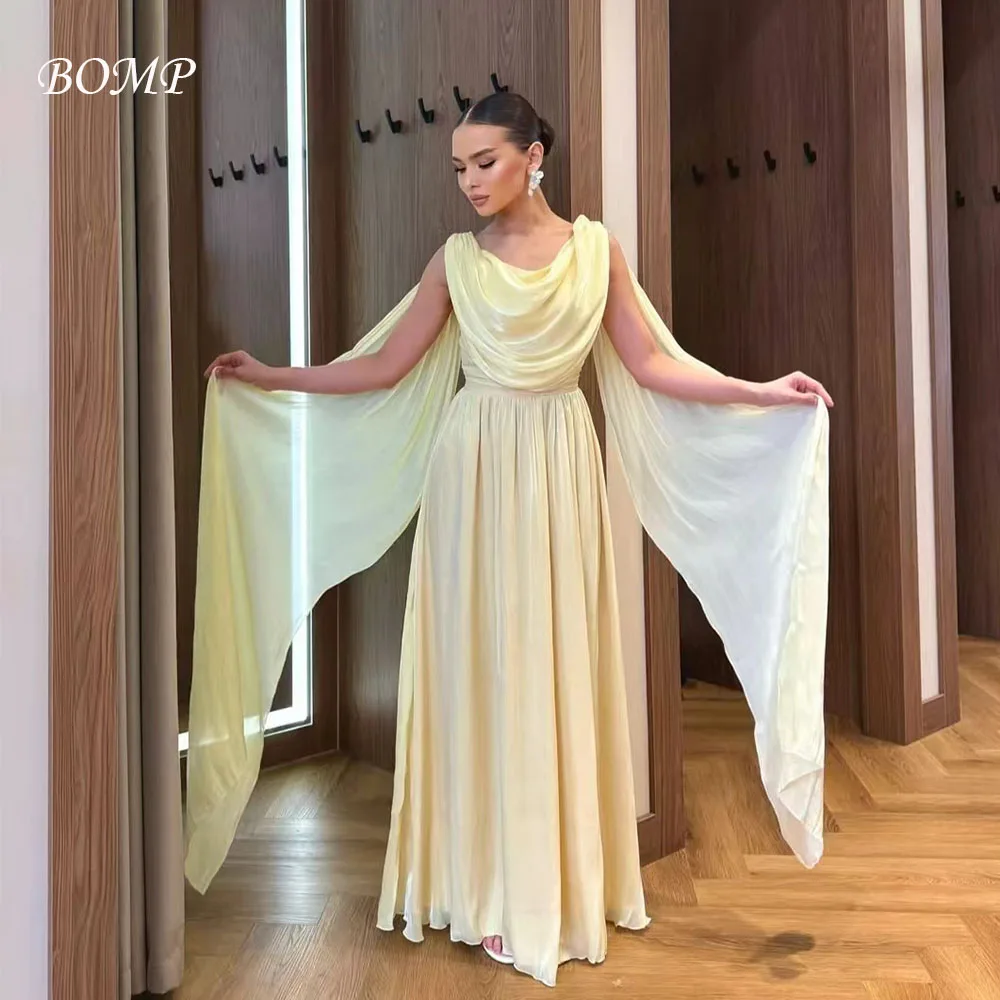 

BOMP блестящее желтое вечернее платье с круглым вырезом, длинная куртка трапециевидной формы с драпировкой длиной до пола, атласное платье для особых случаев, свадебное платье на заказ