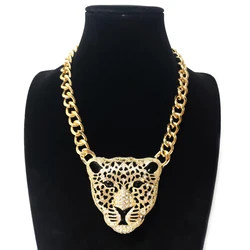 Super Large Alloy Leopard Head Pendant Necklace for Women Hollow Rhinestone Gothic Men's Collar Cuban Chain Halloween Jewelry