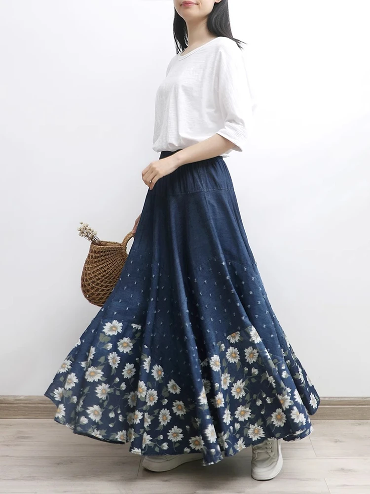 Dark Blue Denim Daisy Printed Hole Patchwork Splicing Pleated Skirts Women's Spring Autumn Vintage Demure Prairie Chic Fashion