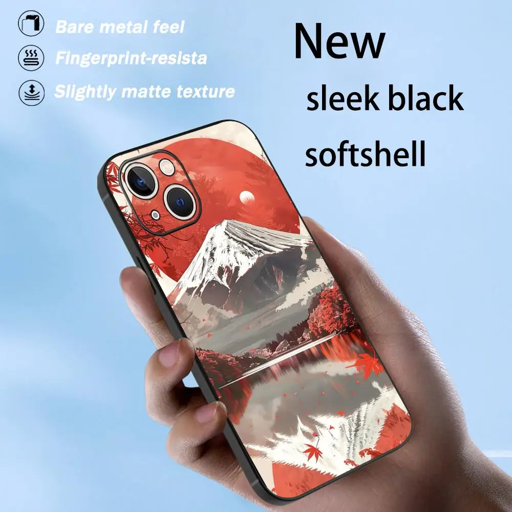Mount Fuji japan art painting pattern  Phone Case For iPhone 17 16 e 15 14 13 12 Plus Mini Pro Max Soft black Shockproof Cover