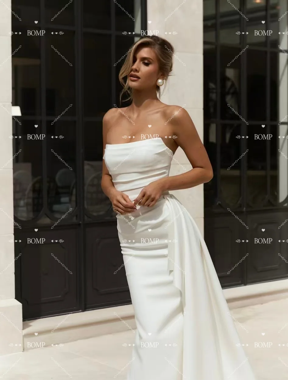 BOMP Simple Mermaid Wedding Dress Strapless Pleat Court Train Ivory Satin US Woman Bridal Gown Customized Vestidos De Novias