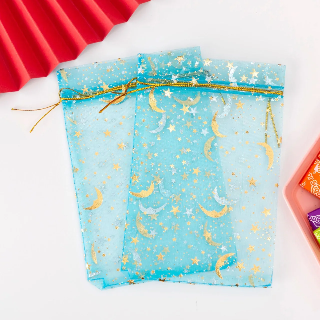 50 قطعة الضوء الأزرق القمر نجوم الرباط أكياس الأورجانزا مجوهرات حقائب للهدايا الحقائب الأورجانزا لصالح الحقائب لعيد الميلاد الزفاف #5
