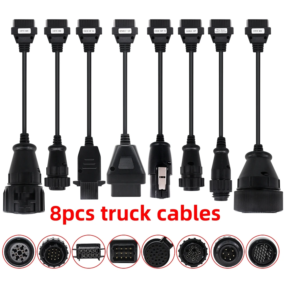 Full Set 8 Cables For Truck  OBD OBD2 Diagnostic Connector Cables Kit Full Pins Activated Truck Cables Adapters