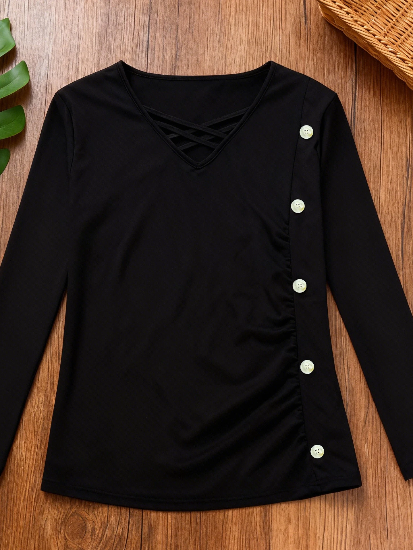 

Женские осенние топы больших размеров с длинным рукавом и v-образным вырезом, перекрестными бретелями и пуговицами, элегантная однотонная блузка