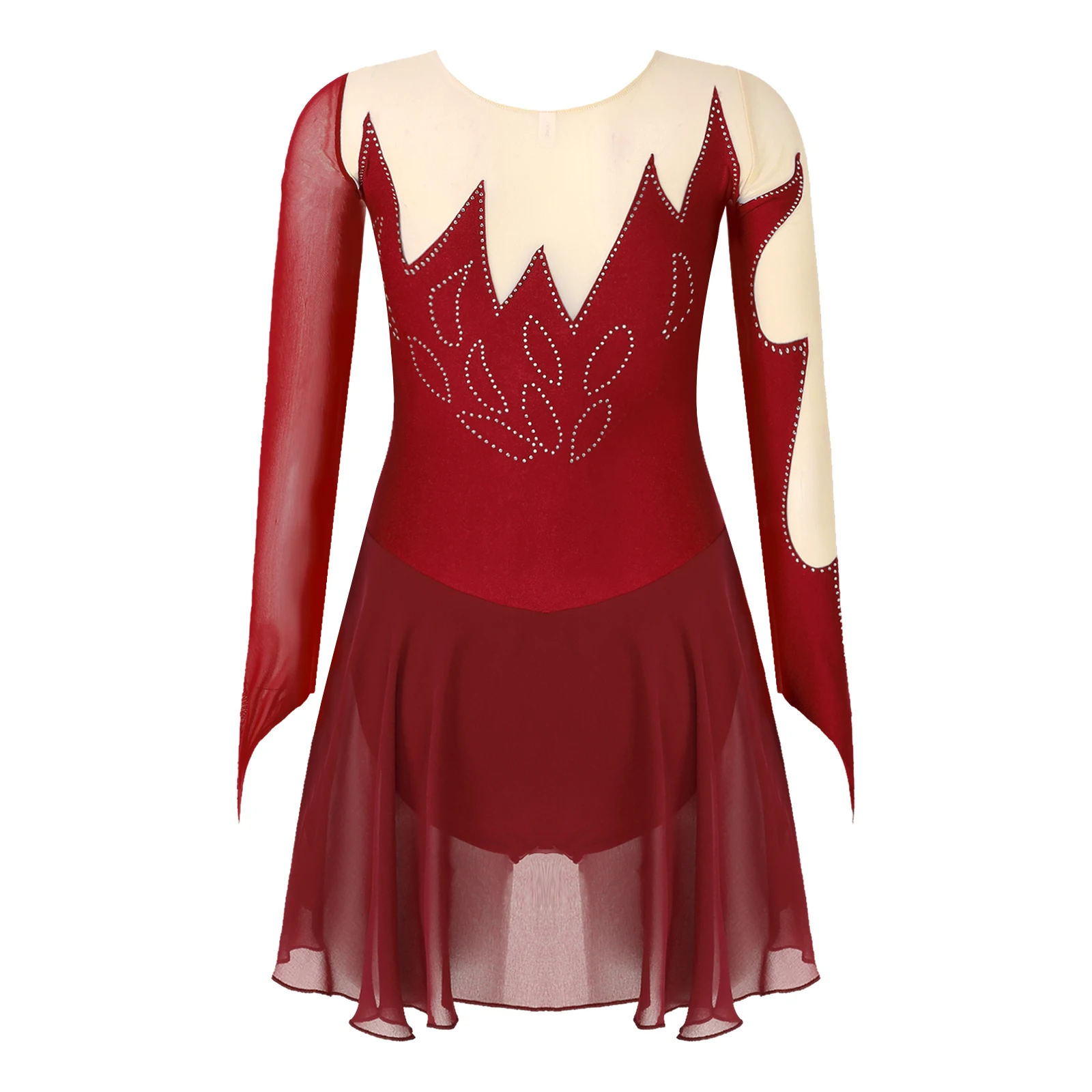 Womens Figure Ice Roller Skating Dress Mesh Long Sleeves Ballet Dress Rhinestone Gymnastics Leotard Performance Dancing Costumes