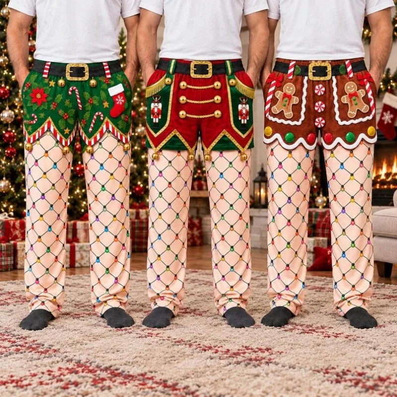 Christmas Themed Men's Fun Sleeping Pants 3D Printed Visual Fake Two Fishing Net Socks Wide Leg Pants Party Parody Casual Pants