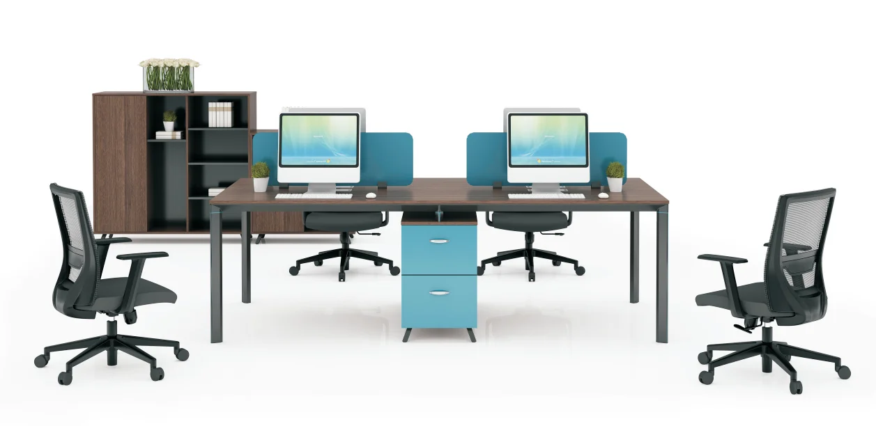 Cabinet Staff Desk Modular Office Workstation Modern Melamine Panel Table Top Black Stainless Frame Partition 4 Seats