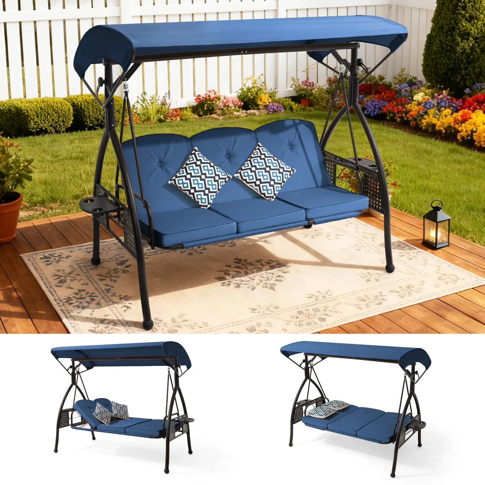 3 Seat Outdoor Porch Patio Swing with Adjustable Canopy& 7-Level Side Seat,Outdoor Swing for Adults,3 in 1 Convertible